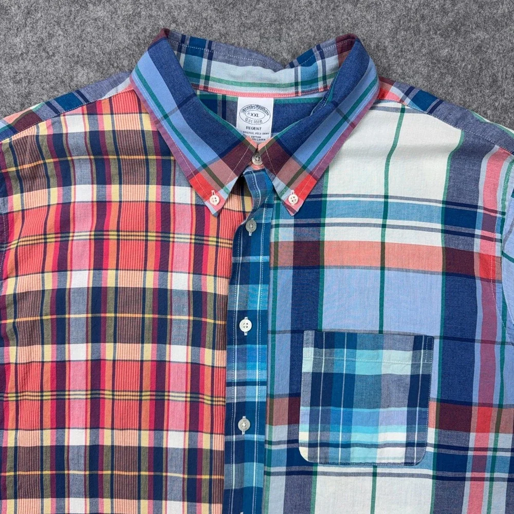 Brooks Brothers Shirt Mens XXL Blue Red Plaid Patchwork Short Sleeve Button Down - Picture 3 of 11